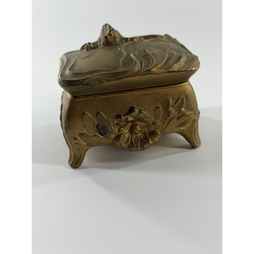 Antique Art Nouveau Jewelry Casket Gilt Spelter Floral Trinket Box 1175